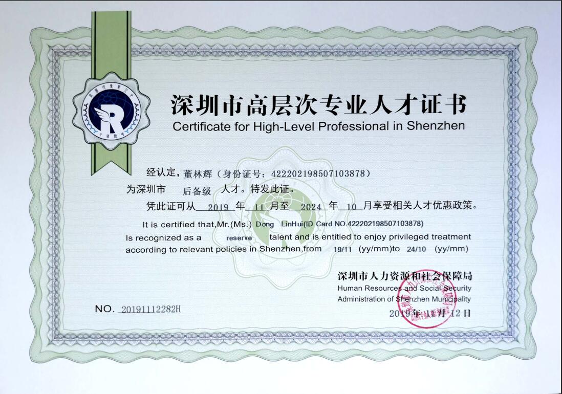 深圳市高層次專業人才證書-董林輝